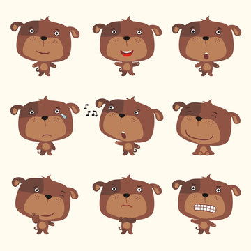 Set funny puppy dog in different poses. Collection isolated puppy dog in cartoon style for design for children holiday and goods.