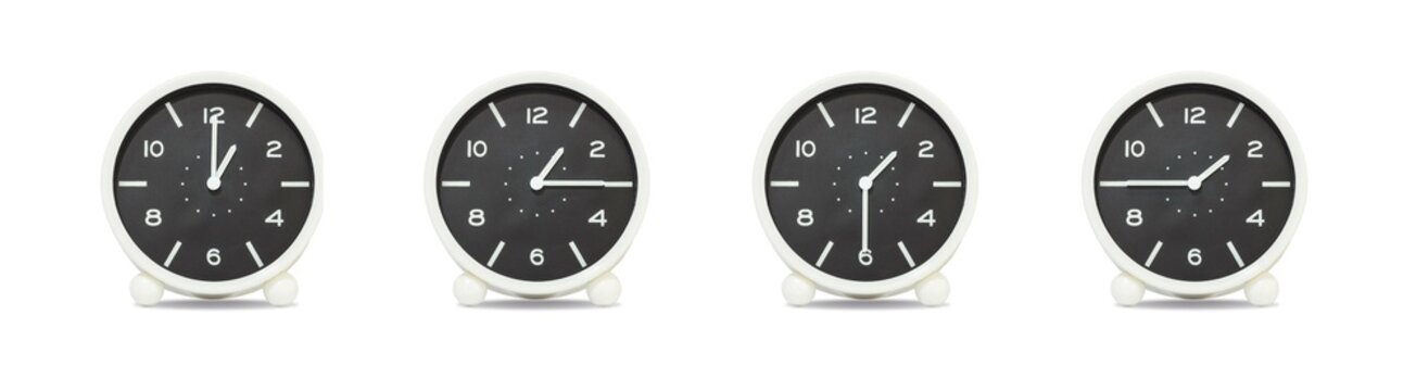 Closeup group of black and white clock with shadow for decorate show the time in 1 , 1:15 , 1:30 , 1:45 p.m. isolated on white background , beautiful 4 clock picture in different time