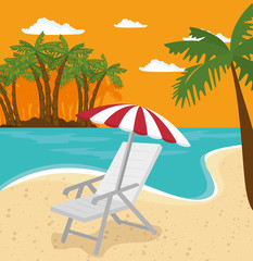 Fototapeta na wymiar Chair and umbrella with beach landscape background and palm trees. Vector illustration.