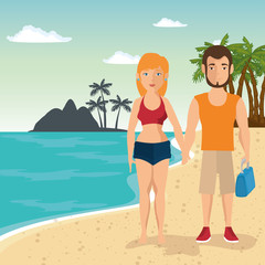 Couple in swimsuit over beach landscape background. Vector illustration.