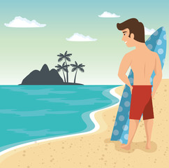 Man in swimsuit with surf board and island silhouette over beach landscape background. Vector illustration.