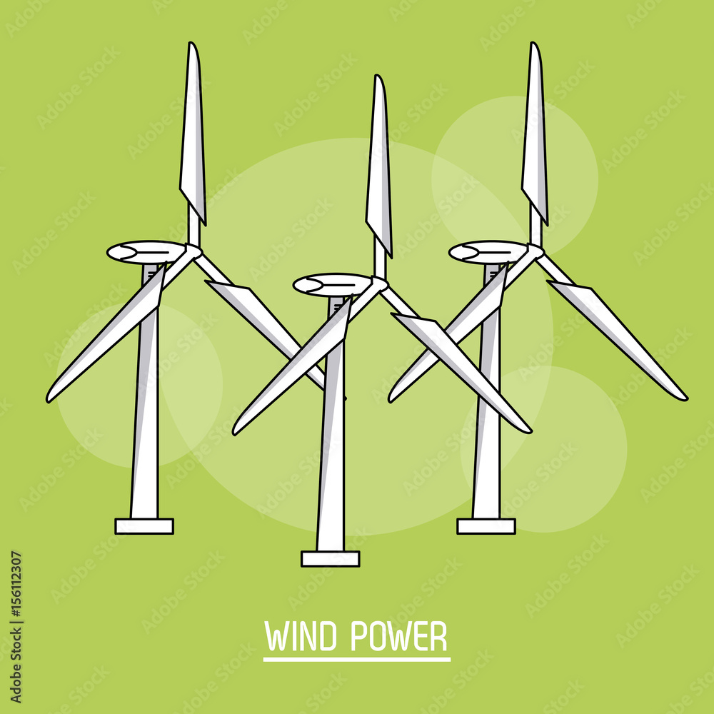 Poster green color background with bubbles of wind power plant with turbines vector illustration