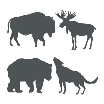 monochrome set silhouette wildlife animals of snowy mountains vector illustration