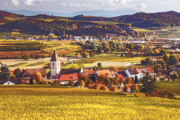 Picturesque autumn countryside panorama. Multicolored vineyards and medieval village with old church. Scenic wine-making and hiking background. Popular travel destination.