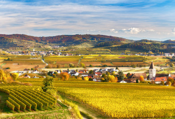 Picturesque autumn countryside panoramic landscape. Multicolored vineyards growing on rolling hills and medieval village with old church. Black Forest, Germany.