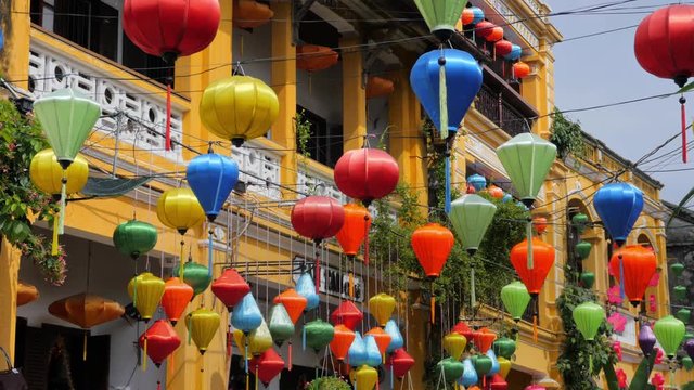 Colorful lanterns in old quarter of Hoi An, Vietnam in 4k