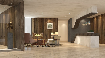 Interior of hotel reception hall 3D illustration