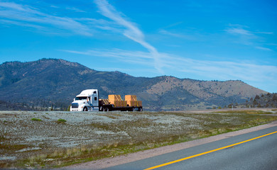 Nice semi truck white color cerry lamber cargo on step flat bed trailer