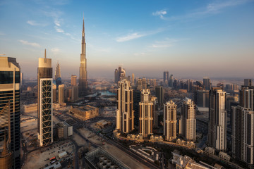 Modern architecture of a big city. Skyscrapers of downtown Dubai, United Arab Emirates. Spectacular daytime skyline. Travel and architecture background.