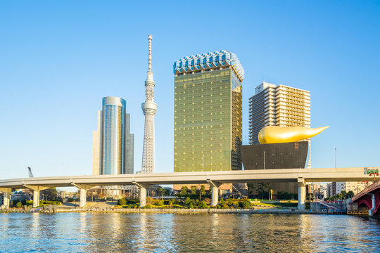 Sumida River with landmark buildings in Tokyo Japan