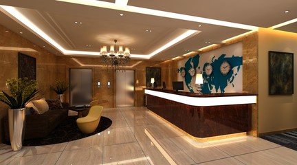 Interior of hotel reception hall 3D illustration - obrazy, fototapety, plakaty