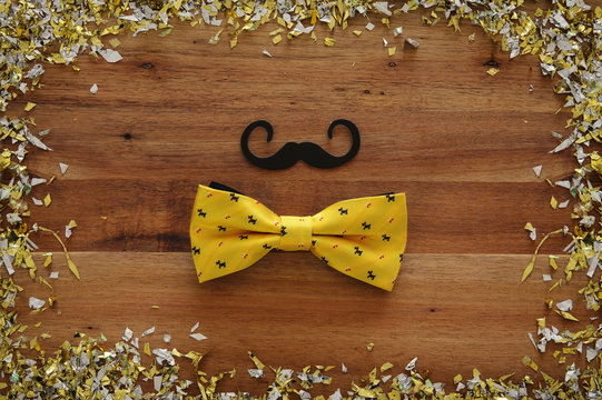 Top view image of funny mustache and bow tie. Father's day concept