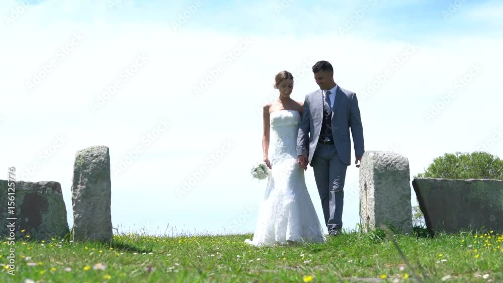 Wall mural bride and groom walking hand in hand in country field