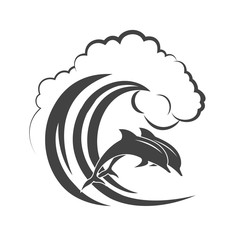 Fototapeta premium Pack of dolphins springing in waves, a monochrome icon.