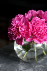Pink peonies in a glass round vase