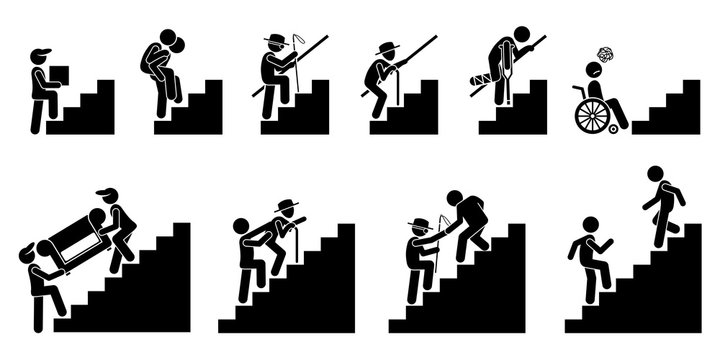 People on Staircase or Stairs. Cliparts pictogram depicts different person in actions on stairs.