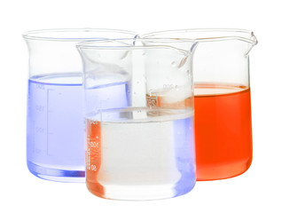 orange, blue and transparent chemical liquid