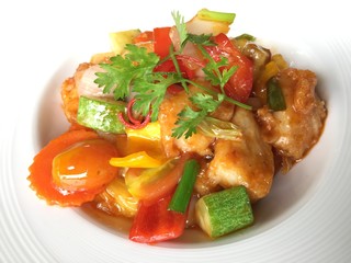 Fish topped with sweet and sour sauce, Thai food. 