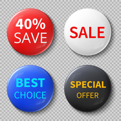 Glossy 3d sale circle buttons or badges with exclusive offer promotional text vector mockups