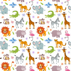 Children seamless vector wallpaper with cute and funny baby savanna animals © MicroOne