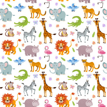 Children seamless vector wallpaper with cute and funny baby savanna animals