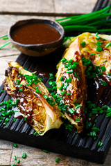 grilled cabbage wedges ginger miso dressing