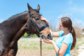Fototapeta premium Preparing for horse training. Lady owner scratching her favorite horse