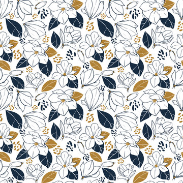 Trendy seamless floral pattern with magnolia flowers,buds and leaves in deep blue and mustard colors. Vector hand drawn illustration for print,textile,wrapping paper.