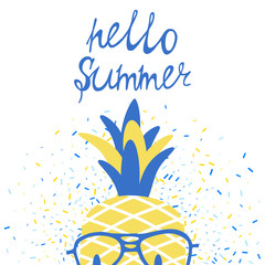 Vector fresh summer poster with pineapple in glasses, lettering and beans background.