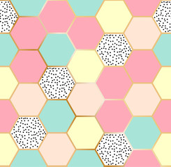 Vector geometric seamless repeating pattern with hexagonal honey comb shapes in pastel colors in golden structure.