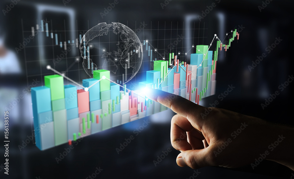 Poster businessman using digital 3d rendered stock exchange stats and charts