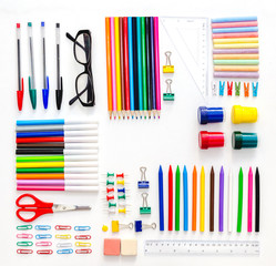 School office supplies isolated on white. Back to school background