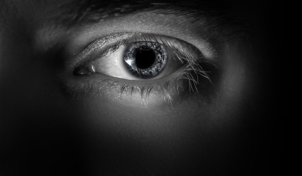 Macro shot of male human eye in black and white toned.