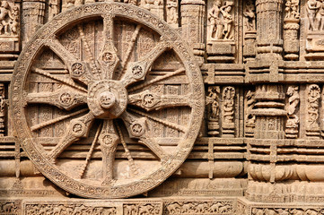 Fototapeta na wymiar Nice carved walls in Sun God temple, Konark temple in Konorak in India