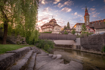 Abendstimmung mit Schloss Frauenfeld an der Murg