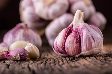 Garlic. Fresh garlic bulbs on old wooden board. Red violet garlic.