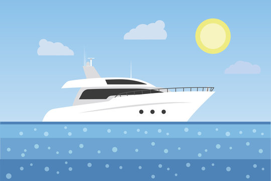 Yacht in the sea on the background of the sunny sky. Vector illustration.