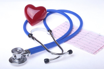 medical stethoscope, RX prescription and red heart isolated on white background. selective focus.