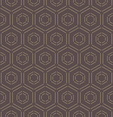 Geometric repeating ornament with golden hexagonal dotted elements. Geometric modern ornament. Seamless abstract modern pattern