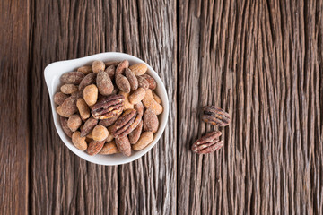 Honey roasted mixed nuts, Top view.