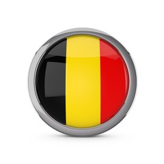 Belgium national flag in a glossy circle shape with chrome frame. 3D Rendering