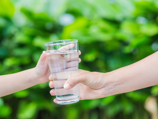 Woman hand giving glass of fresh water to child on the green grass background © Siam