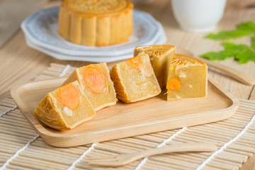 Slied of mooncake on plate. Selective focus.