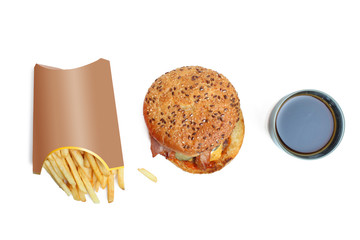 American burger, french fries and a glass of soda