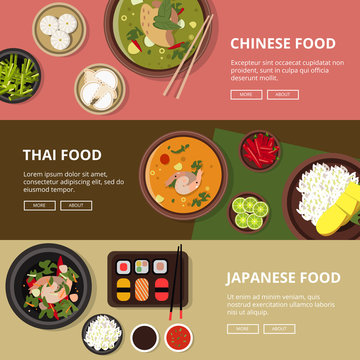 Three horizontal banners with thai, japanese and chinese food. Vector illustrations with place for your tex