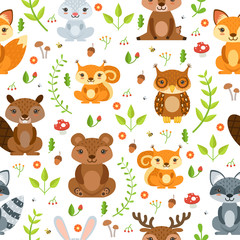Vector seamless pattern of forest animals and summer plants
