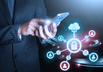 Smart hand holding phone futuristic Lock  connection technology