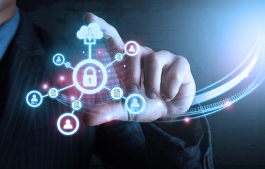 Smart hand showing Lock futuristic connection technology