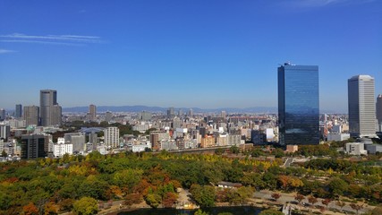 City view from osaka castle on October 2015.The park and building is Harmonious.