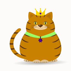 A red cat with a crown and a suspension sits. 